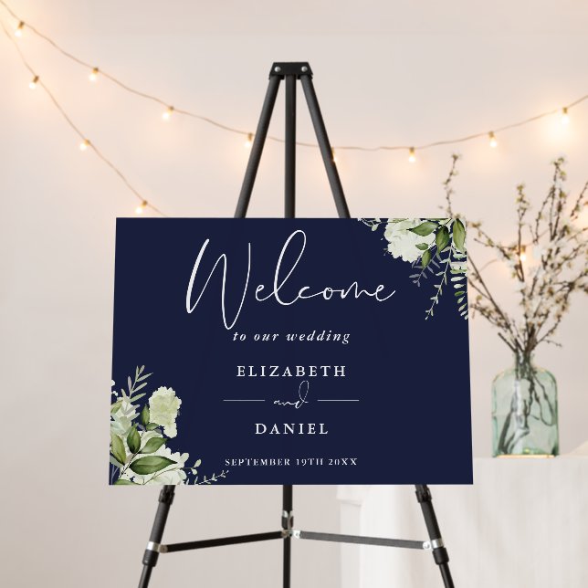 Greenery Floral Navy Blue Wedding Welcome Sign (In Situ (Stand))