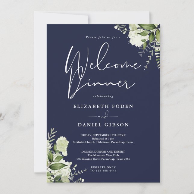 Greenery Floral Navy Blue Welcome Dinner Invitation (Front)