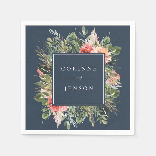 Greenery Floral Navy Personalized Paper Napkins (Front)