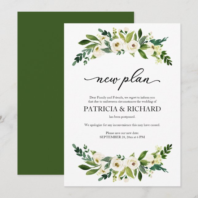Greenery Floral New Plan Wedding Postponement Invitation (Front/Back)