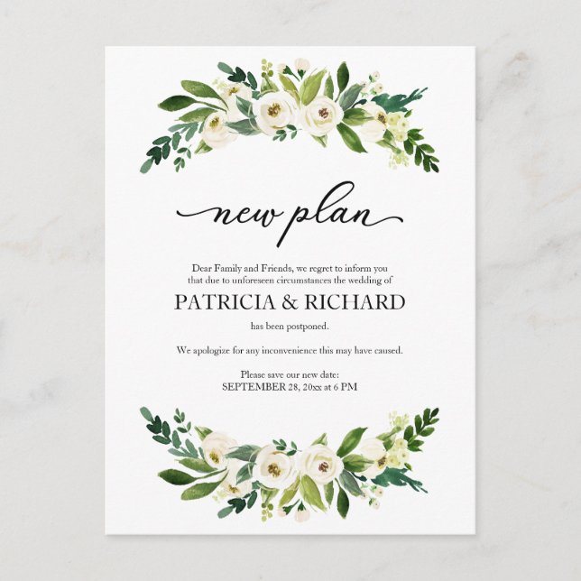 Greenery Floral New Plan Wedding Postponement Postcard (Front)
