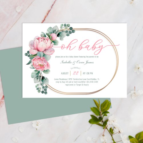 Greenery Floral Oh Baby Pink Gold Girl Baby Shower Invitation