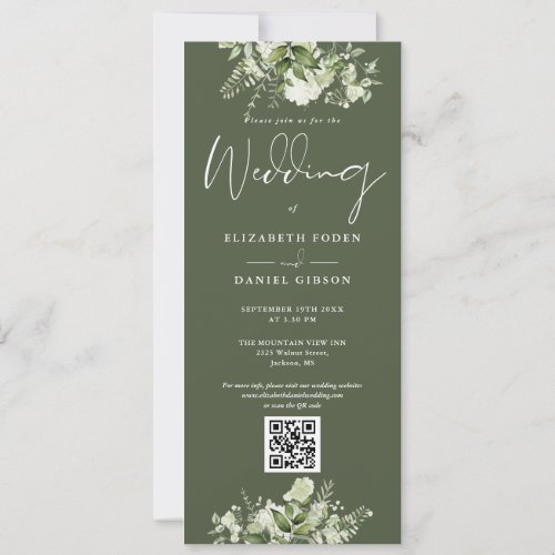 Greenery Floral Olive Green QR Code Wedding Invitation