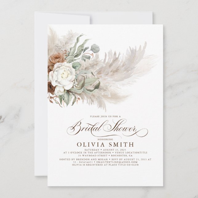 Greenery Floral Pampas Grass Boho Bridal Shower Invitation (Front)