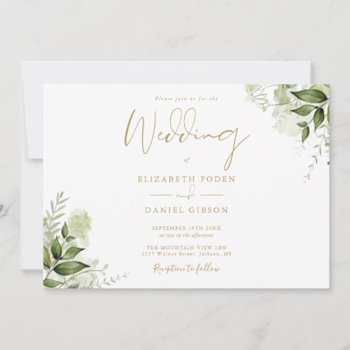 Greenery Floral Photo Elegant Gold Script Wedding Invitation