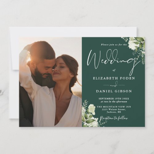 Greenery Floral Photo Emerald Green Wedding Invitation