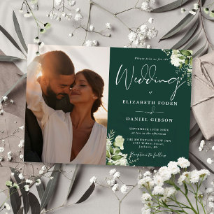 Greenery Floral Photo Emerald Green Wedding Invitation