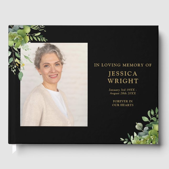 Greenery Floral Photo Funeral Memorial Guest Book (Front)