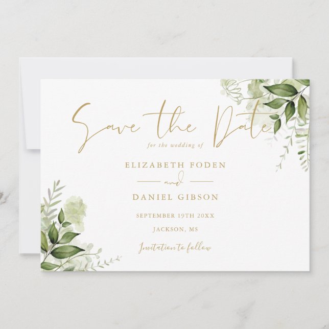Greenery Floral Photo Gold Script Save The Date (Front)