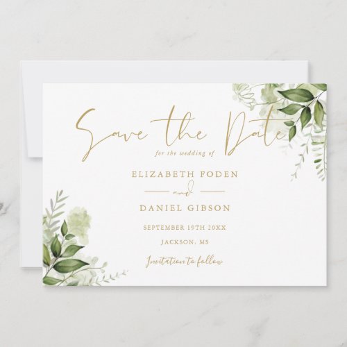 Greenery Floral Photo Gold Script Save The Date
