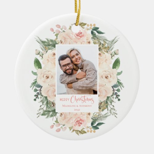 Greenery Floral Photo Merry Christmas Ceramic Ornament