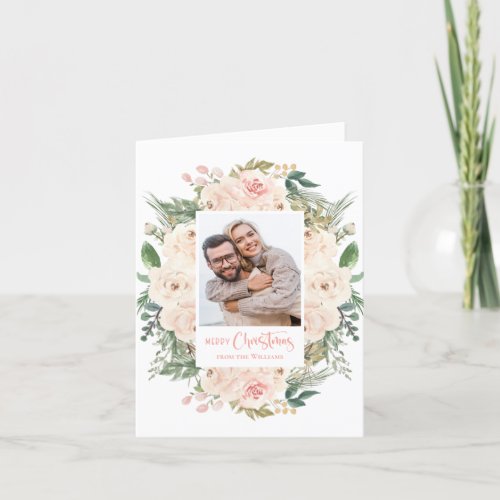 Greenery Floral Photo Merry Christmas Holiday Card
