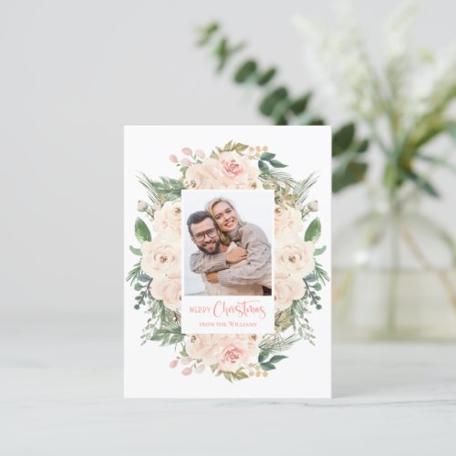 Greenery Floral Photo Merry Christmas Postcard 