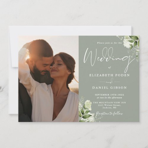 Greenery Floral Photo Sage Green Wedding Invitation