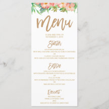 Greenery & Floral Pink & Gold Wedding Dinner Menu