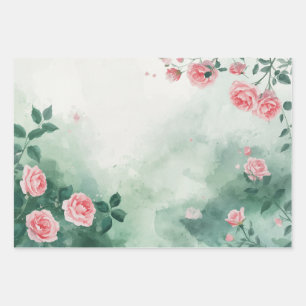 Greenery Floral Pink Rose Gift Wrap Sheets Flat