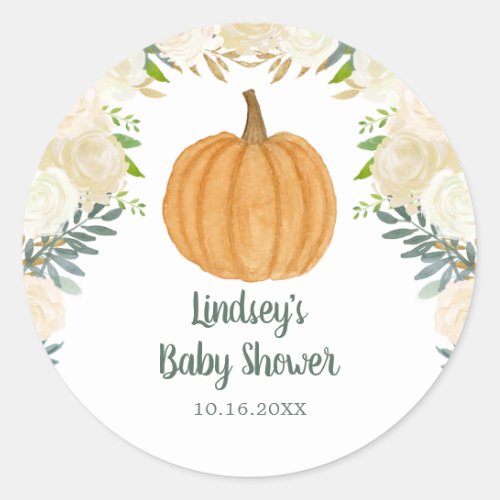 Greenery Floral Pumpkin Fall Baby Shower Classic Round Sticker
