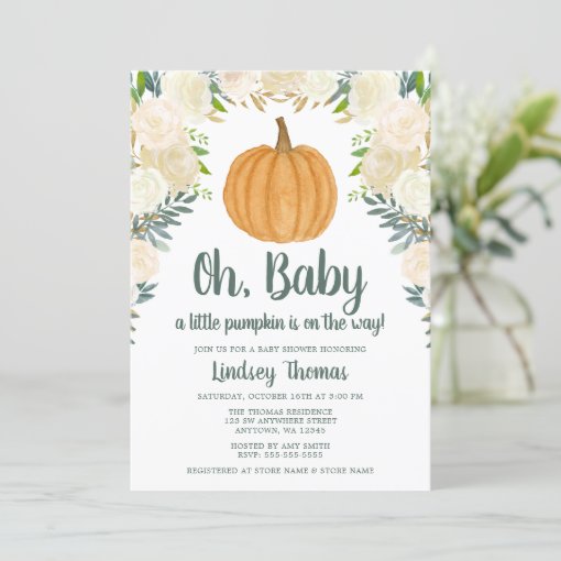 Greenery Floral Pumpkin Fall Baby Shower Invitation | Zazzle