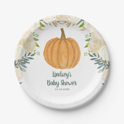 Greenery Floral Pumpkin Fall Baby Shower Paper Plates