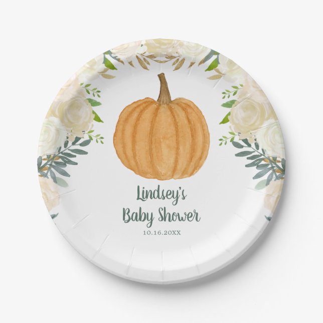Greenery Floral Pumpkin Fall Baby Shower Paper Plates (Front)