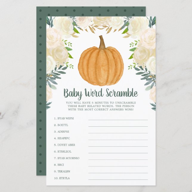 Greenery Floral Pumpkin Fall Word Scramble Game (Front/Back)