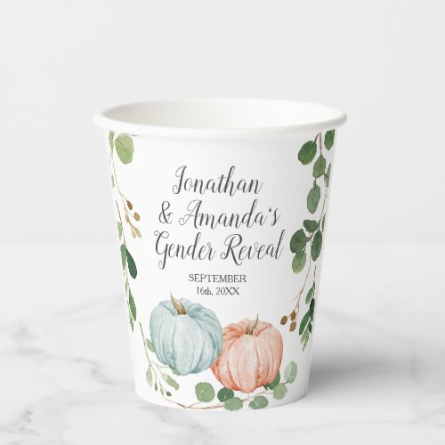 Greenery Floral Pumpkin Gender Reveal White Paper Cups