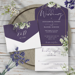 Greenery Floral Purple And Gold Arch Wedding All In One Invitation
