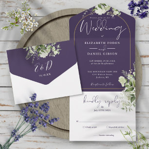 Greenery Floral Purple And Gold Arch Wedding All In One Invitation