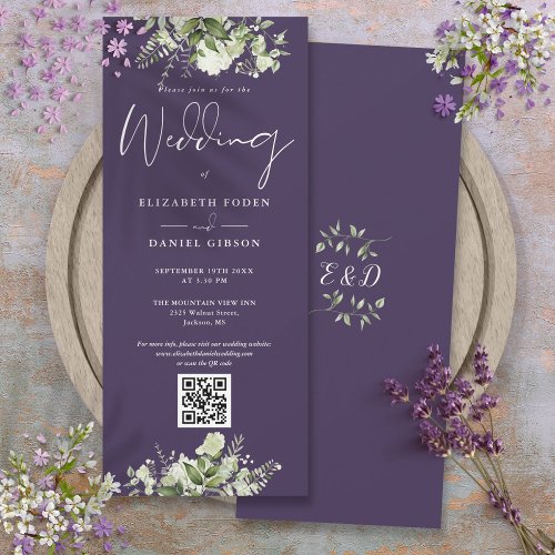 Greenery Floral Purple QR Code Wedding Invitation