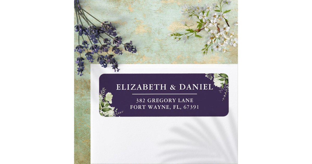 Greenery Floral Purple Wedding Return Address Label | Zazzle