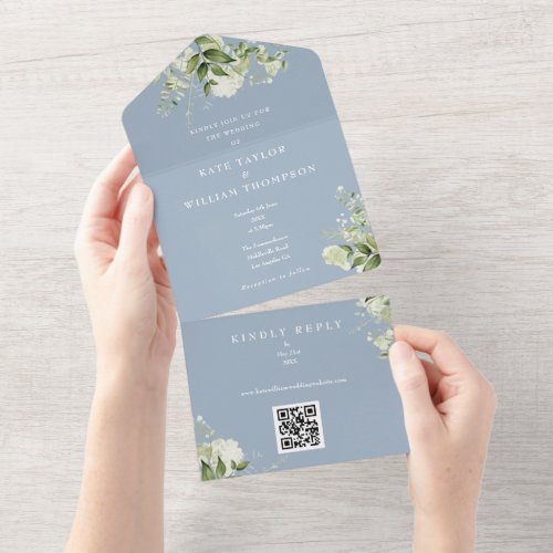 Greenery Floral QR Code Dusty Blue Wedding All In One Invitation