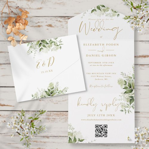 Greenery Floral QR Code Gold Monogram Wedding All In One Invitation