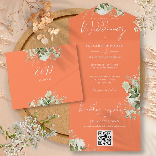 Greenery Floral QR Code Monogram Coral Wedding All In One Invitation