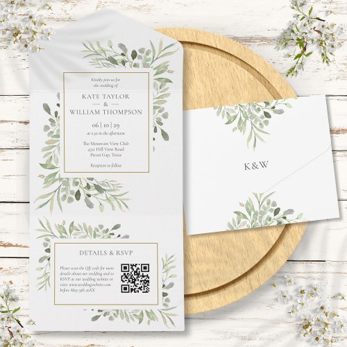 Greenery Floral QR Code Monogram Wedding All In One Invitation