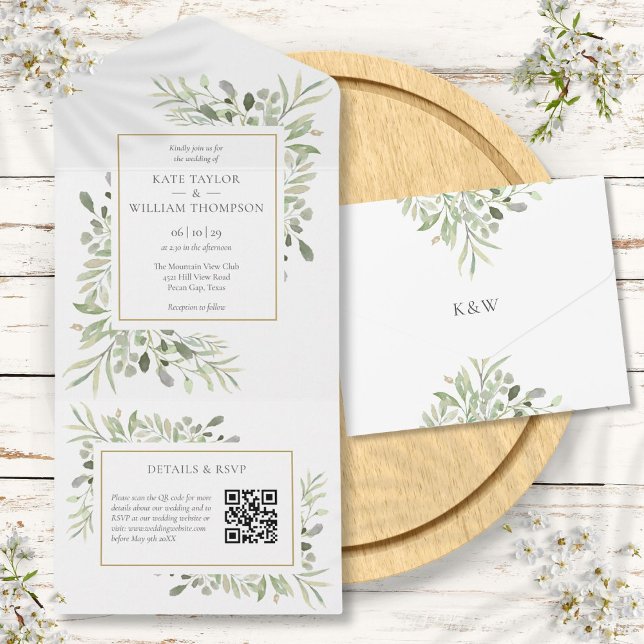 Greenery Floral QR Code Monogram Wedding All In One Invitation (Greenery Floral QR Code Monogram Wedding All In One Invitation)