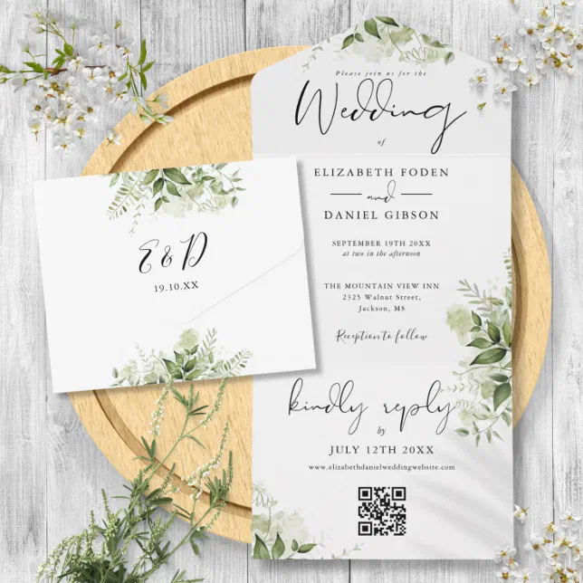 Greenery Floral QR Code Monogram Wedding All In One Invitation | Zazzle