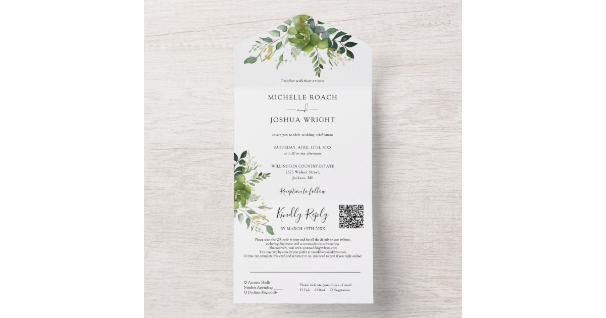 Greenery Floral QR Code Monogram Wedding All In One Invitation | Zazzle