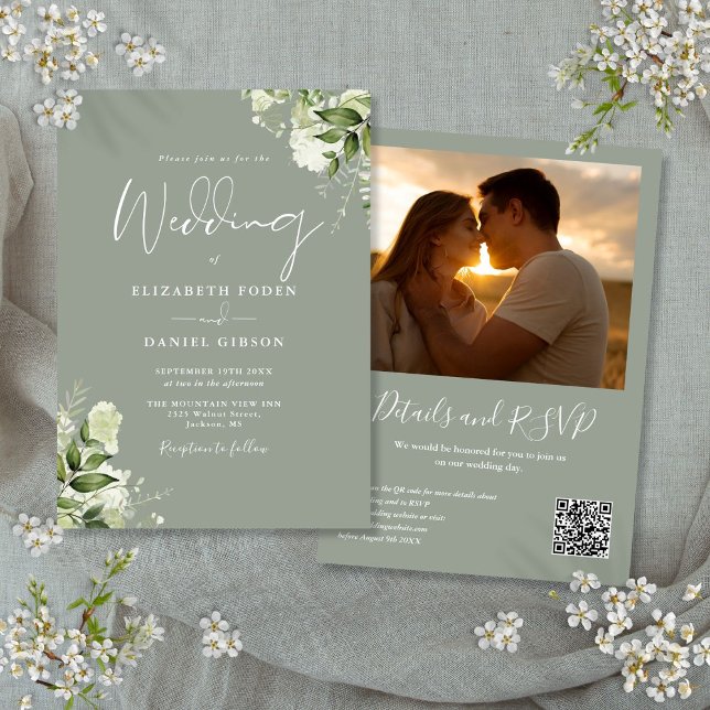 Greenery Floral QR Code Photo Sage Green Wedding Invitation (Greenery Floral QR Code Photo Sage Green Wedding Invitation)