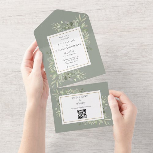 Greenery Floral QR Code Sage Green Wedding All In One Invitation