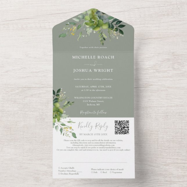 Greenery Floral QR Code Sage Green Wedding All In One Invitation (Inside)