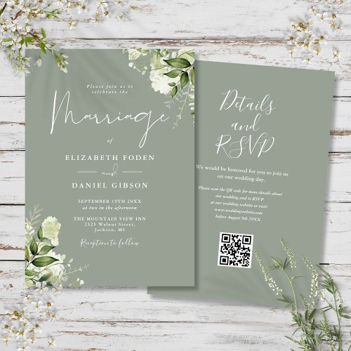 Greenery Floral QR Code Sage Green Wedding Invitation