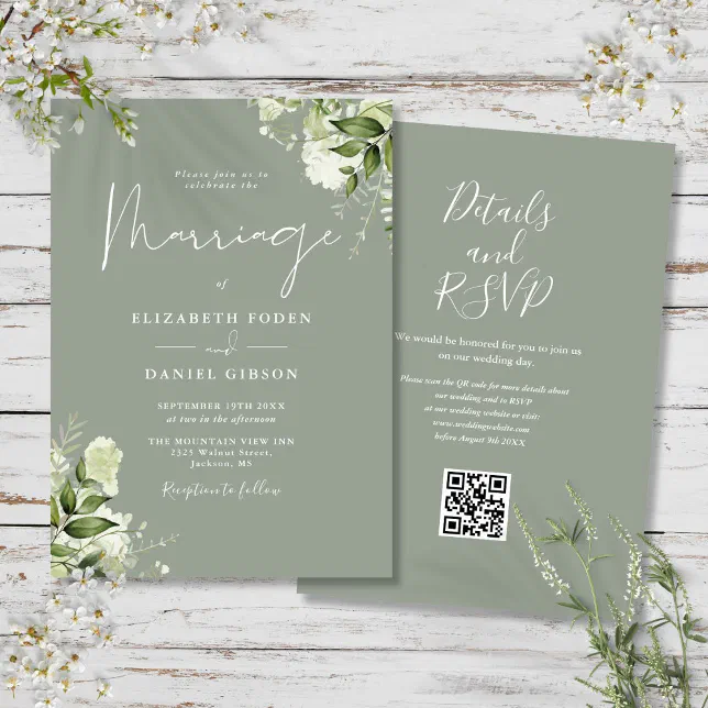 Greenery Floral QR Code Sage Green Wedding Invitation | Zazzle