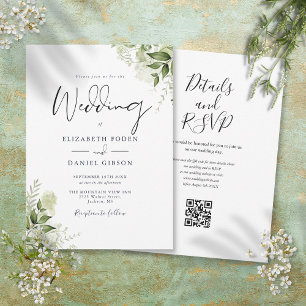 Greenery Floral QR Code Script Wedding Invitation