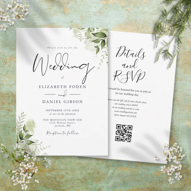 Greenery Floral QR Code Script Wedding Invitation | Zazzle