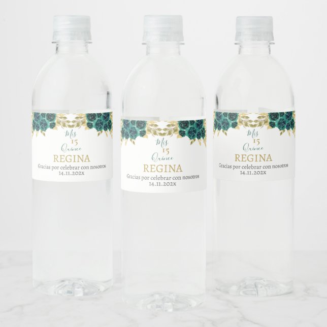 Greenery Floral Quinceañera Water Bottle Label (Bottles)