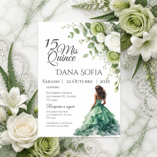 Greenery Floral Quincenera in Spanish Invitation