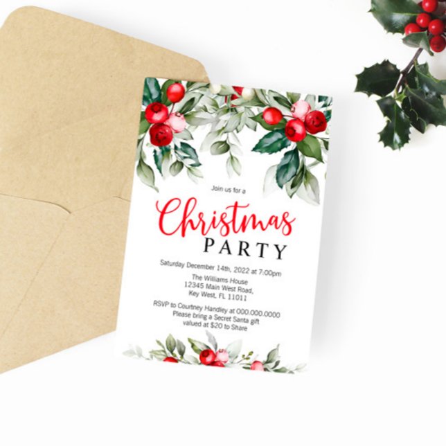 Greenery Floral & Red Christmas Party Invitation (Creator Uploaded)