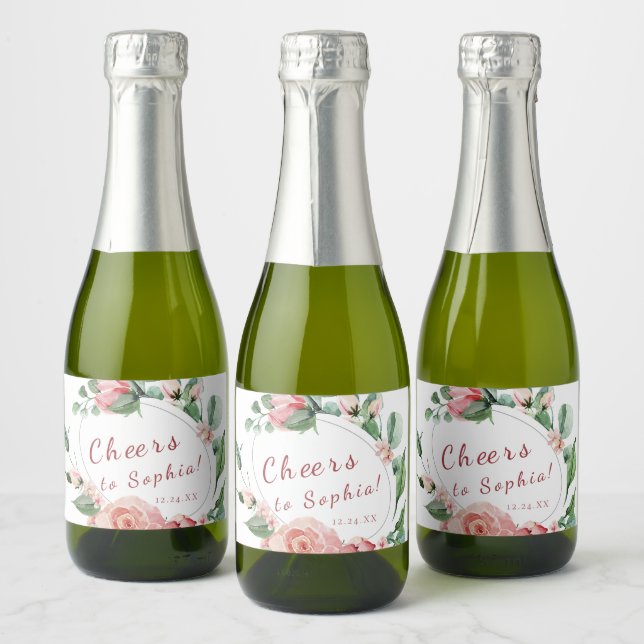 Greenery Floral Rose Mini Sparkling Wine Bottle La Sparkling Wine Label (Bottles)