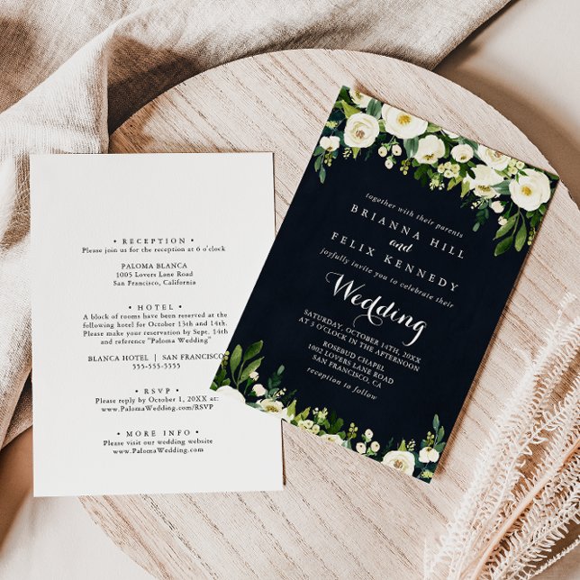 Greenery Floral Royal Blue Front & Back Wedding  Invitation (Creator Uploaded)