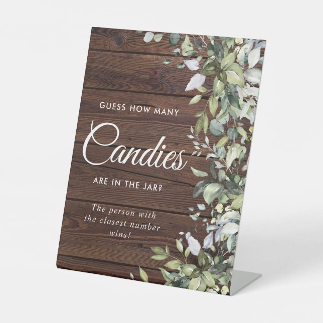 Greenery Floral Rustic Wood How Many Candies Sign (Front)